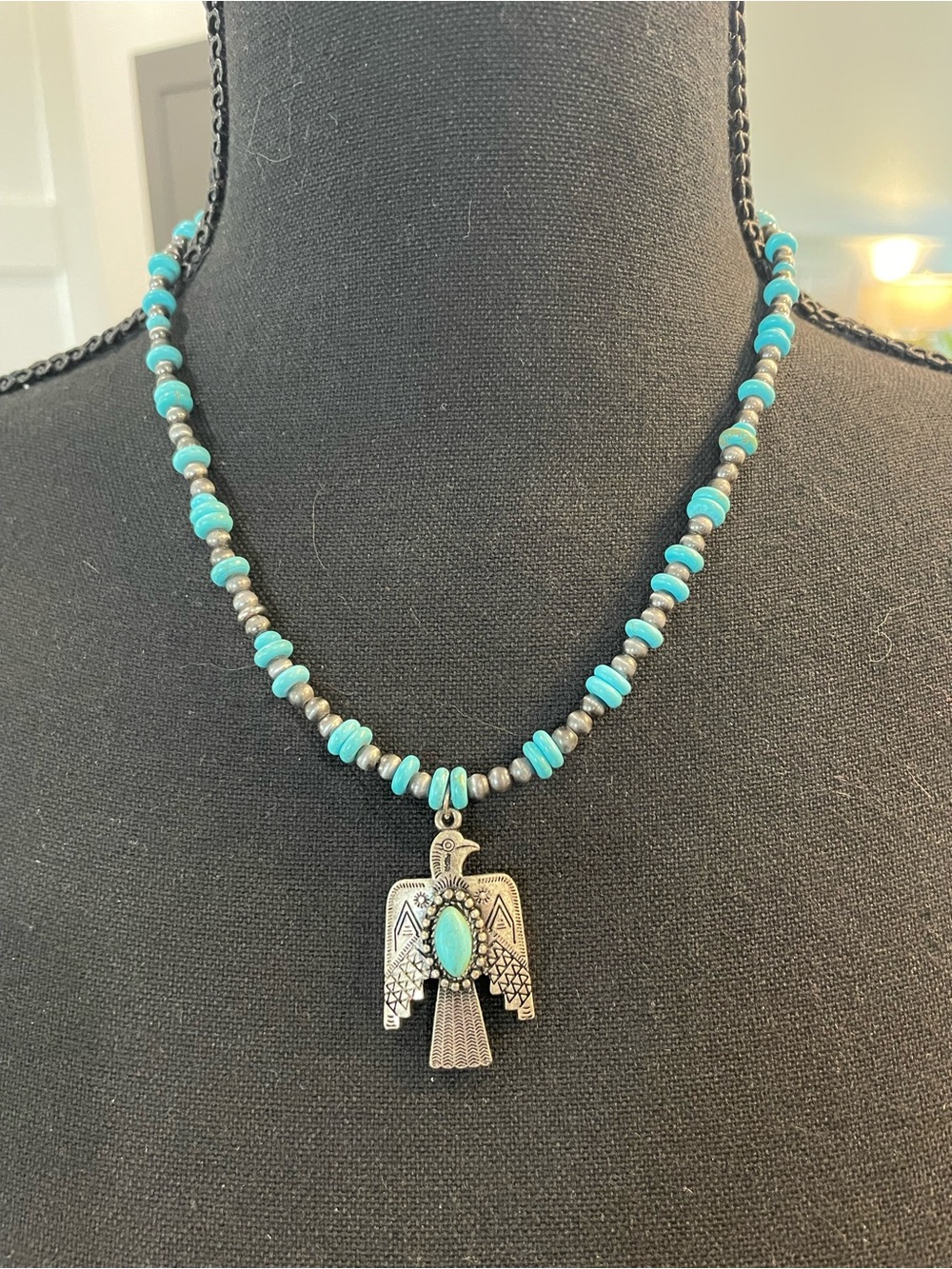 Turquoise Bead Thunderbird Pendant Necklace